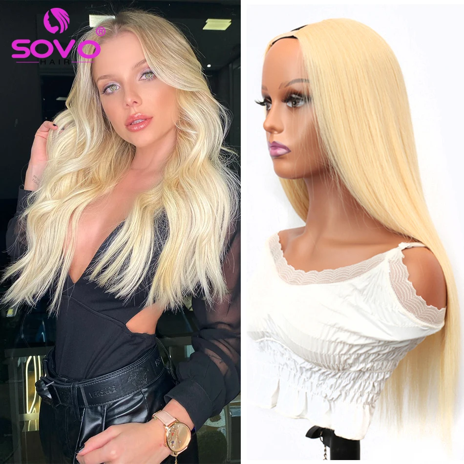 U Part Human Hair Wigs Remy 180 Density Ash Blonde Opening Half Wigs for Women SOVO Highlight Machine Made Glueless U Shape Wigs