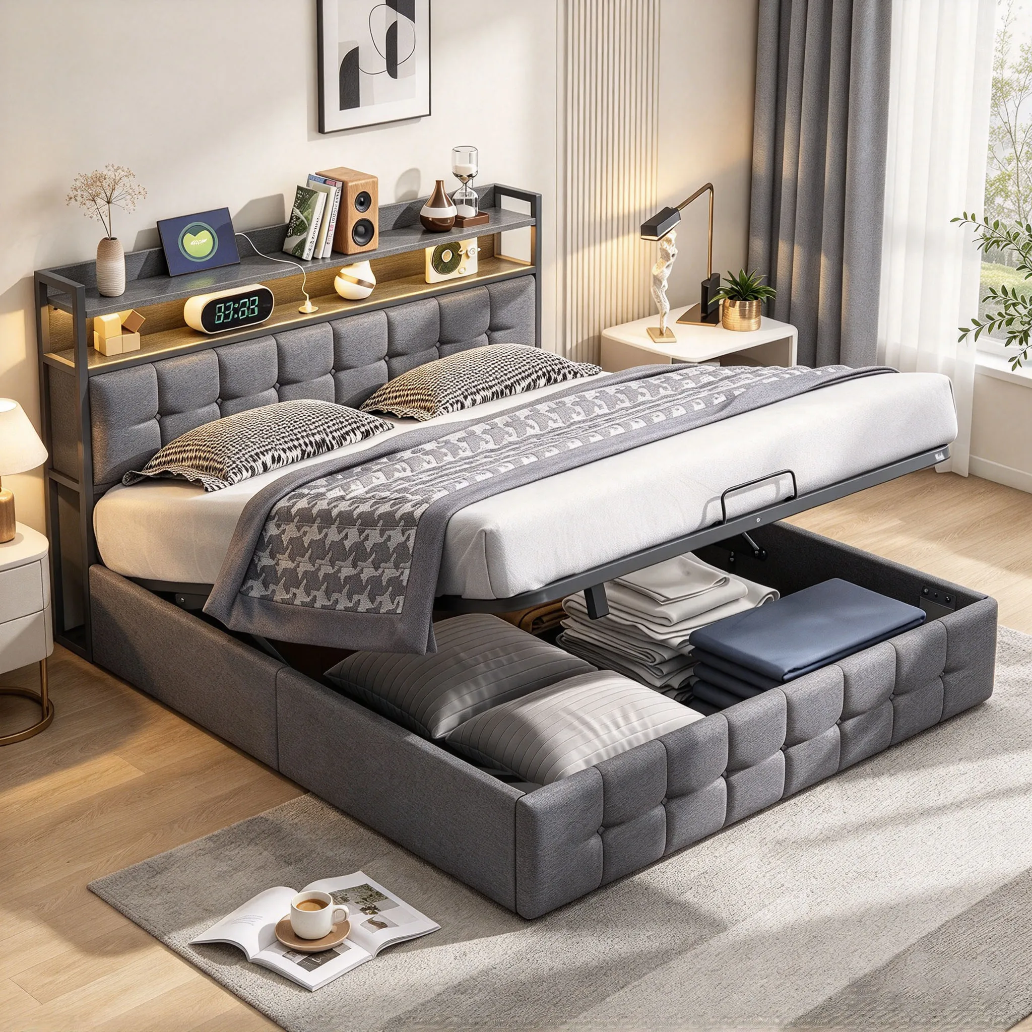 Anajqaqia 140x200cm graues Polsterbett aus Leinenstoff, hydraulisches Hubbett mit Stauraum im Kopfteil, übergroßer Stauraum unter dem Bett, Holzlattenrost, ohne Matratze