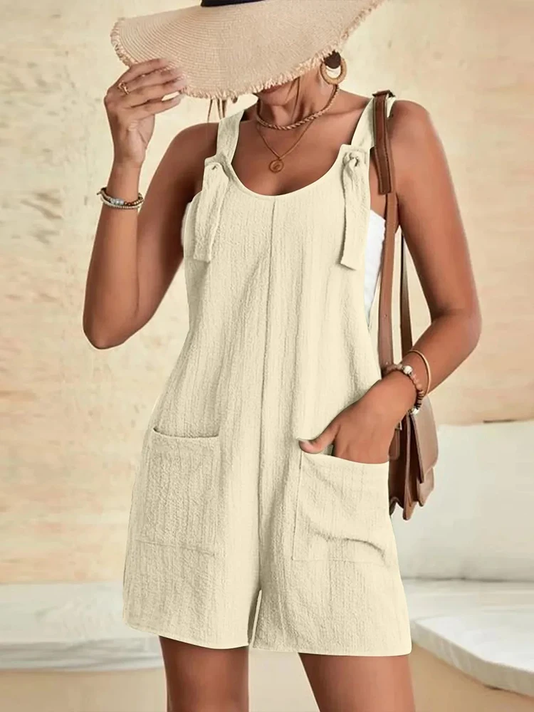 2025 Strappy Sleeveless Loose Solid Color Women Jumpsuits Pocket Short Suspender Romper Casual Daily Basic Woman Comfort Clothes