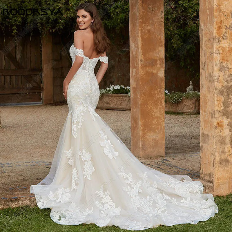 RODDRSYA Lệch Vai Váy Áo Cho Cô Dâu Nàng Tiên Cá Appliques Đầm Vestido De Casamento Cô Dâu VÁY BẦU REN Càn Quét Tàu Tự Làm