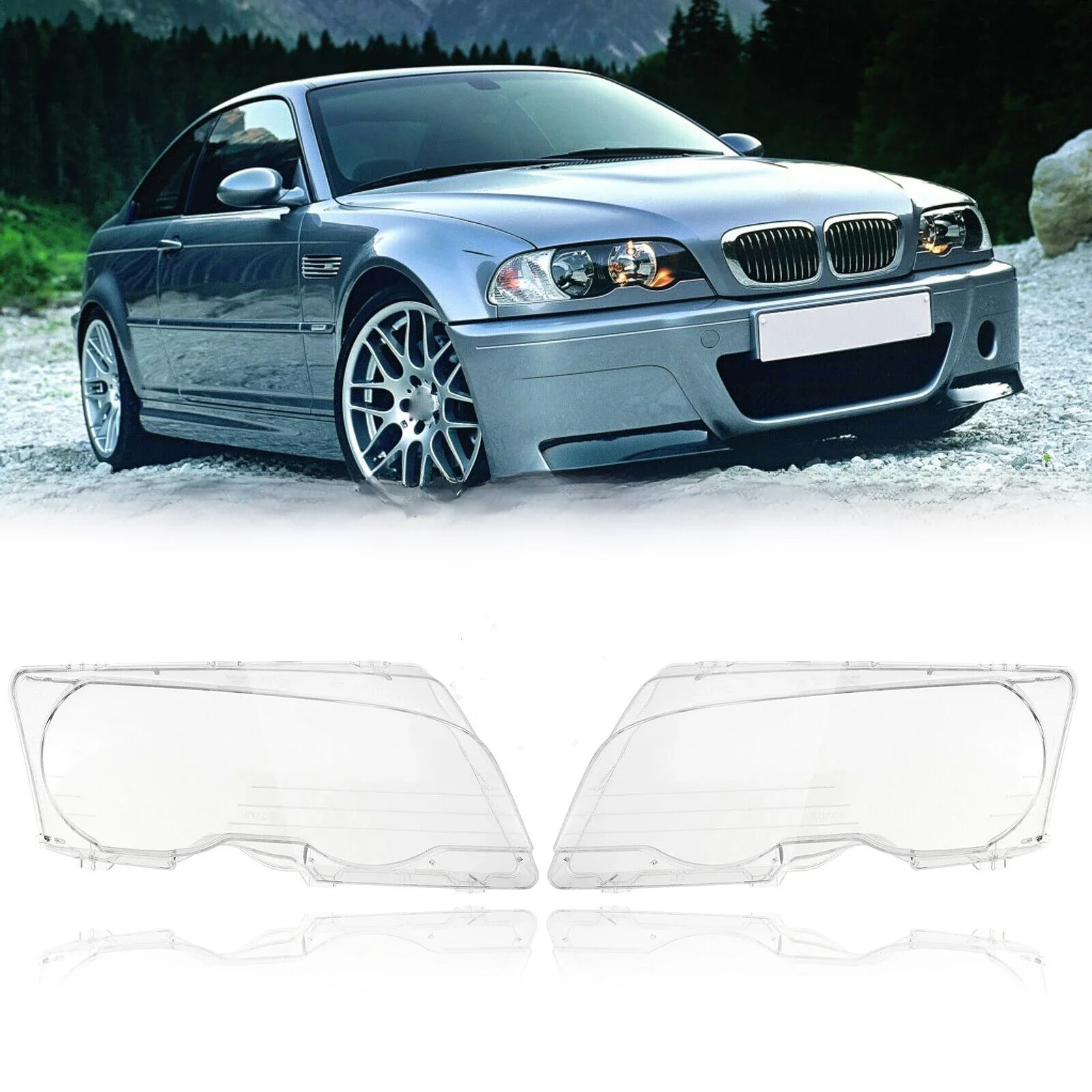 Osłona lewego + prawego przedniego reflektora samochodowego do BMW E46 2-drzwiowy 1999-2003 M3 2-drzwiowy 2001-2006 Przezroczysty klosz reflektora — zdjęcie 2