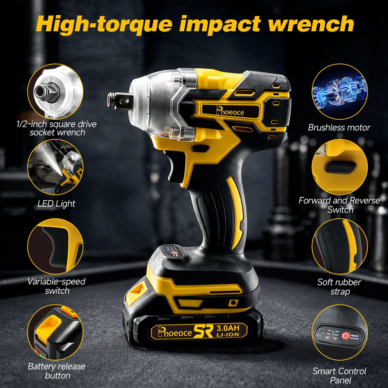 Pnoeoce 450N.m Brushless Cordless Impact Wrench 1/2 Inch 20V High Torque Electric Wrench Kit for Car Tire Removal Power Tool