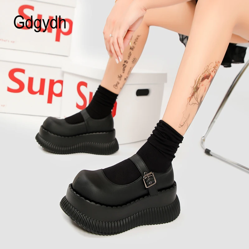 Gdgydh Japanese Style Platform Mary Jane for Women Wedge Heel Lolita Shoes College School Buckle Strap Vegan Leather