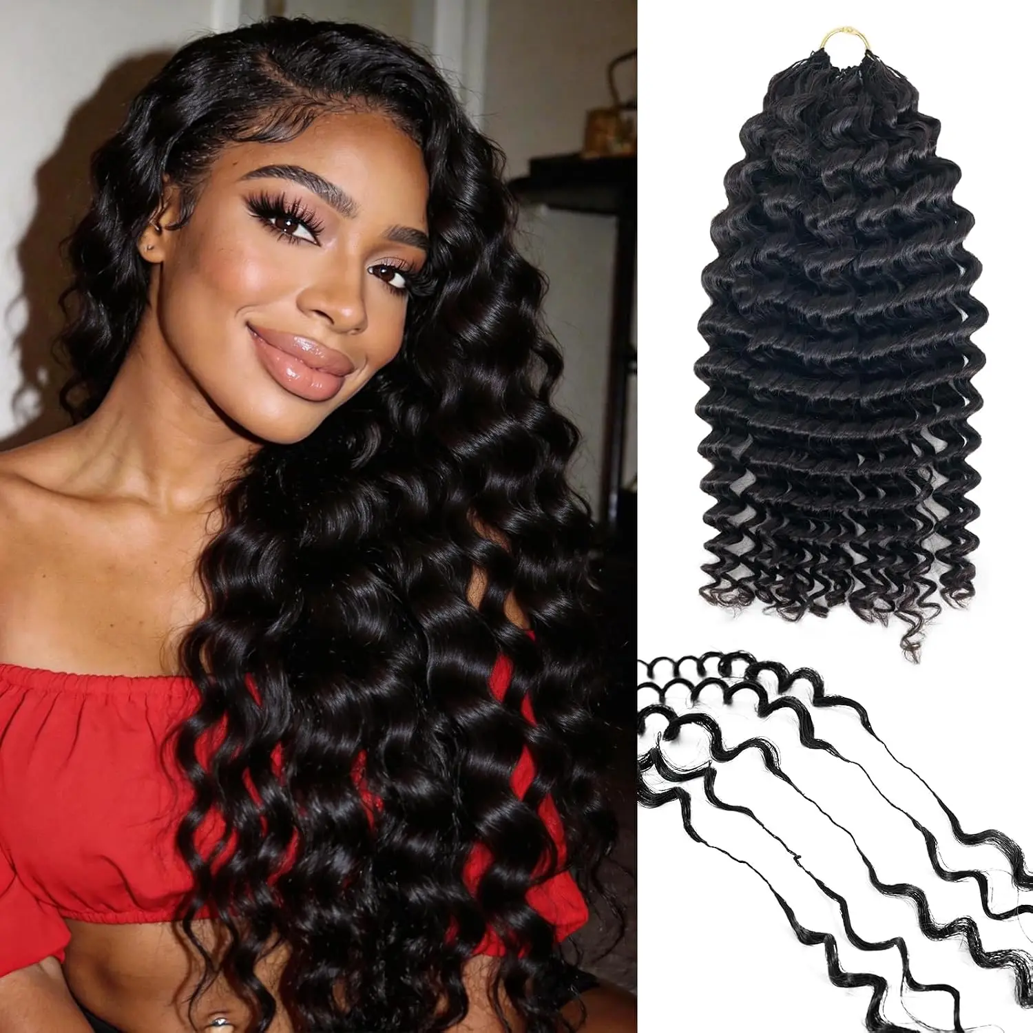 Extensions de cheveux humains au crochet pour femmes, 18 pouces, 60g, Ondes profondes, Pré-séparées, Effet plume invisible, 50 mèches, Noir naturel