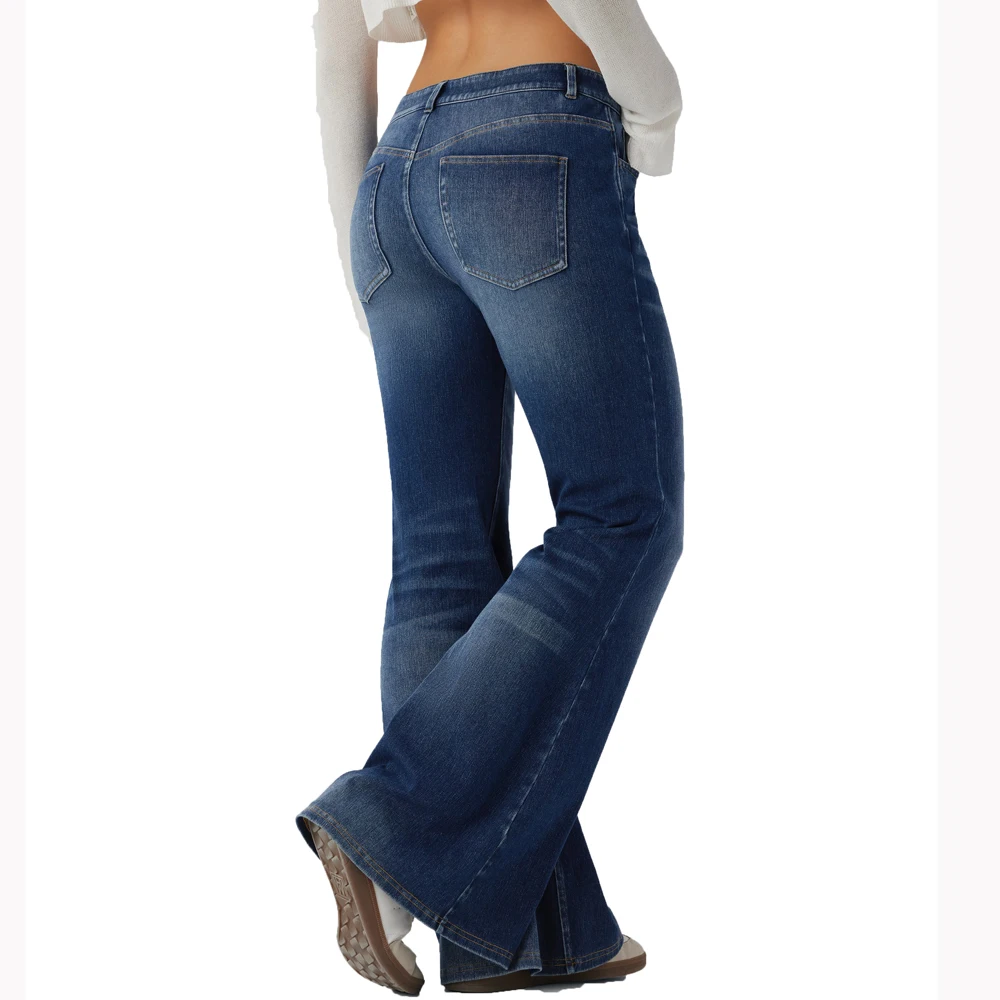 Shascullfites Low Rise Flare Jeans Dunkelblau Gewaschen Lässige Jeans mit Taschen Stretch Slim Fit Damenhose – Detail 4