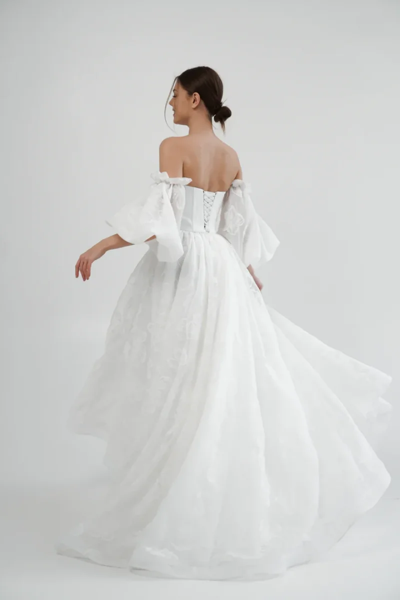 Annie Princessพัฟแขนชุดราตรีลูกไม้TulleชุดราตรีสีขาวOff-The-Shoulder Corset Party Dresses FBساتة