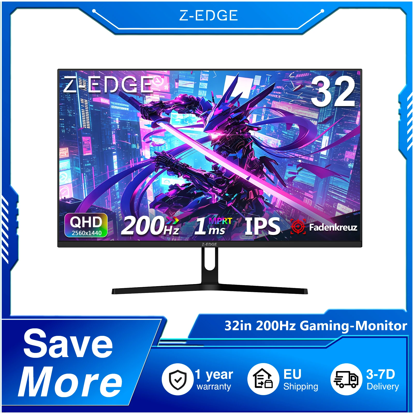 Monitor para Juegos Z-EDGE de 32 Pulgadas, 200Hz, 2K 2560 X 1440 QHD, 1ms MPRT, Panel IPS 16:9, Brillo de 300cd/m², Freesync, HDR10, 100% sRGB, 1200:1, Compatible con VESA, Sin Parpadeo y Luz Azul Baja