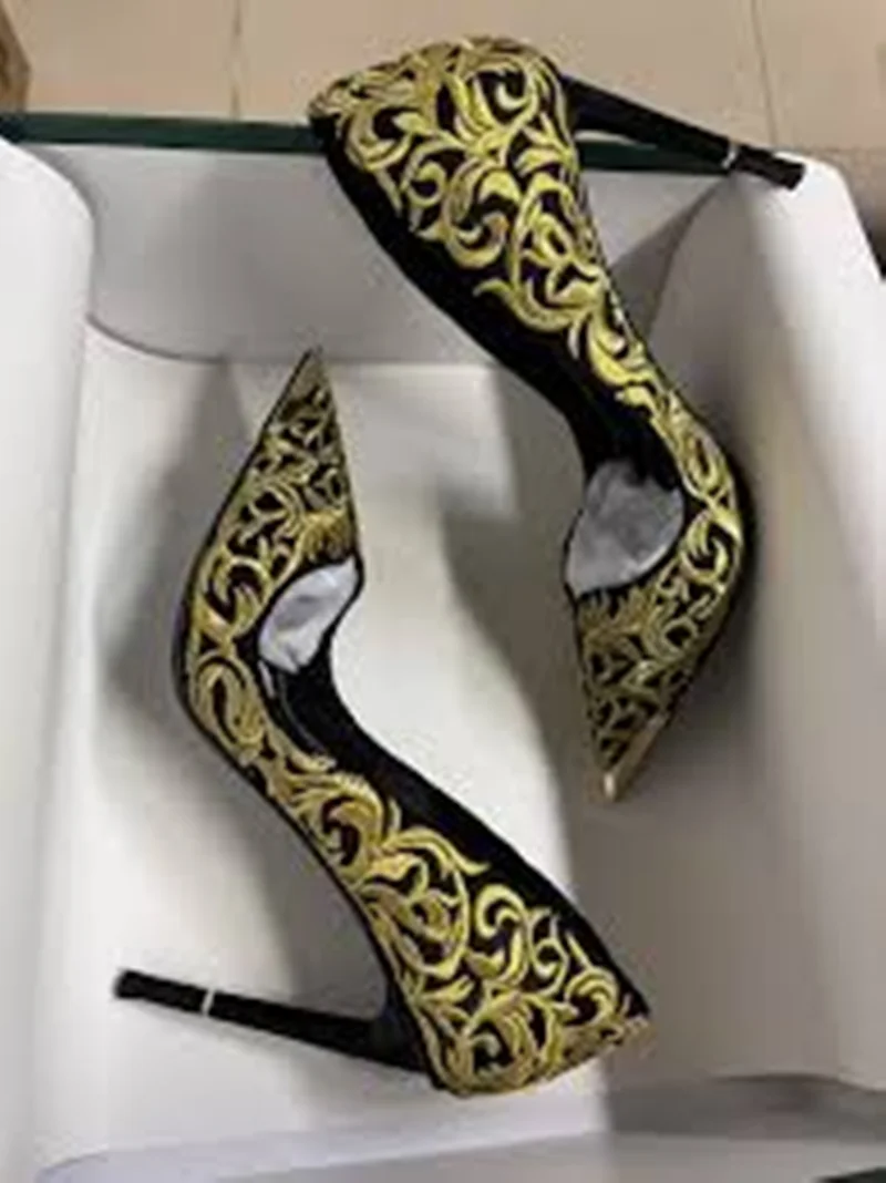 

Sexy Stiletto High Heel Gold Black Embroidered Woman Single Shoes Pointed Toe Female Lady Spring Autumn Pump Shoes