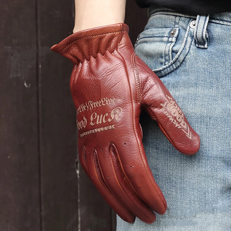 Retro Motorcycle Gloves with Chain for Men, Cowhide Leather, Full Fingers, Brown, Wine Red, First Layer, S3516