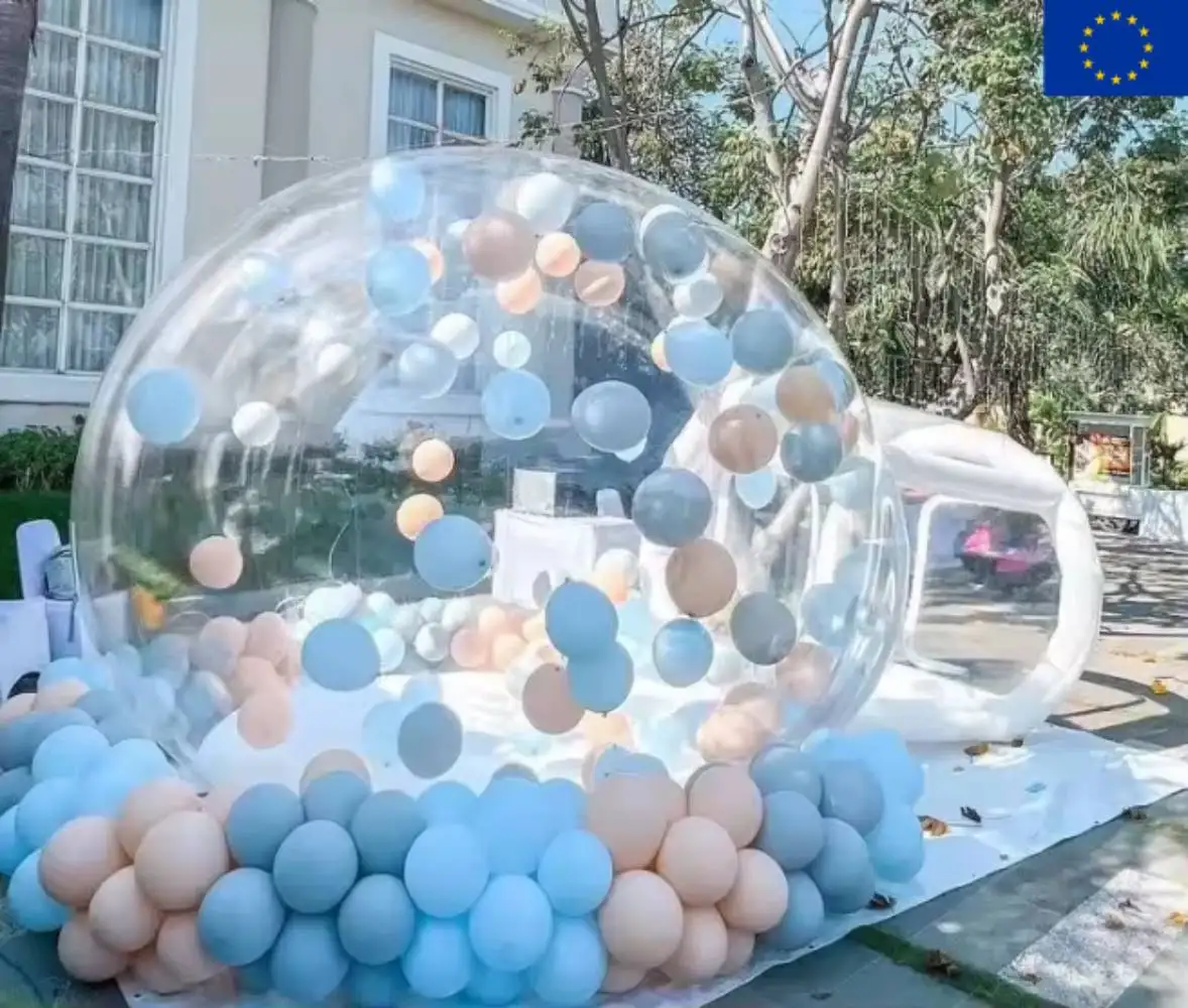 Grande tente dôme gonflable transparente avec tunnels de connexion, maison bulle transparente imperméable. Idéal pour les fêtes de révélation du sexe, les fêtes de révélation du sexe du bébé et les baby showers.