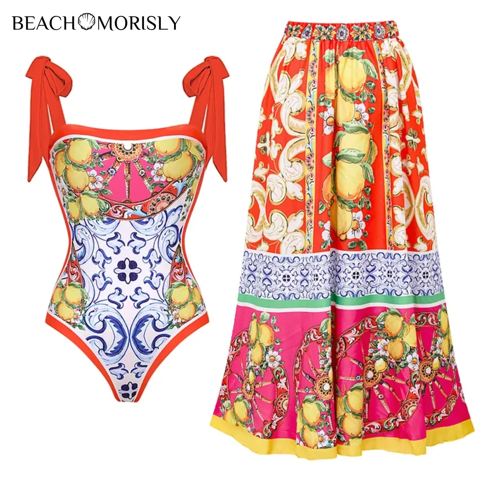 

2024 New Retro Flower Lemon Printed Ruffled One Piece set Swimsuit and Skirt Summer Vacation Women Beachwear Bathing Suit