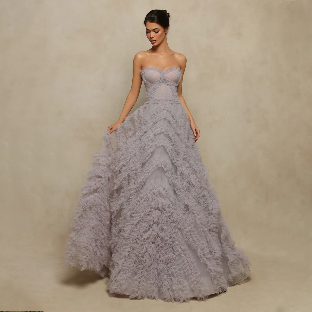 Tulle A Line Prom Dresses Ruffles Sweetheart Long Photoshoot Women Robe Gowns Light Purple Formal Evening Dress