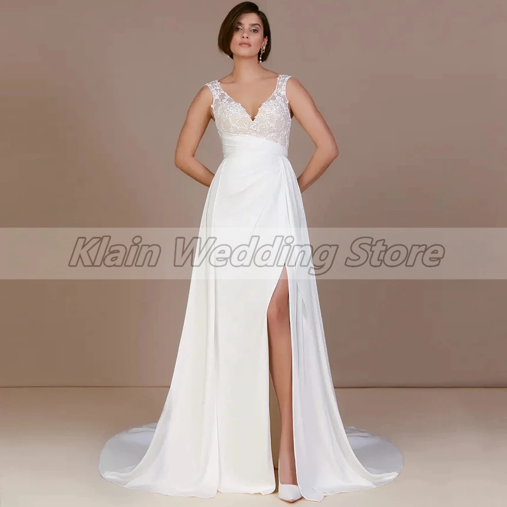 Customized Classic Satin Wedding Dress 2023 A Line Appliques V Neck Sleeveless Bridal Gowns With Side Split And Button Back Cour