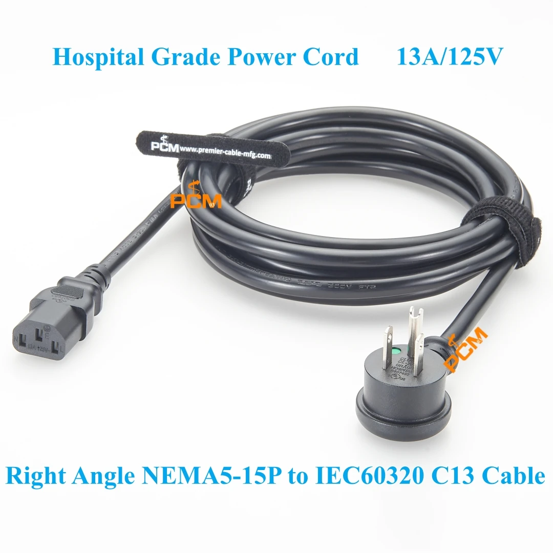 10 ft Hospital Grade Right Angle NEMA5-15P 5-15P to IEC60320 C13 Connector Plug Male to Female 13A/125V Green Dot Power Cord
