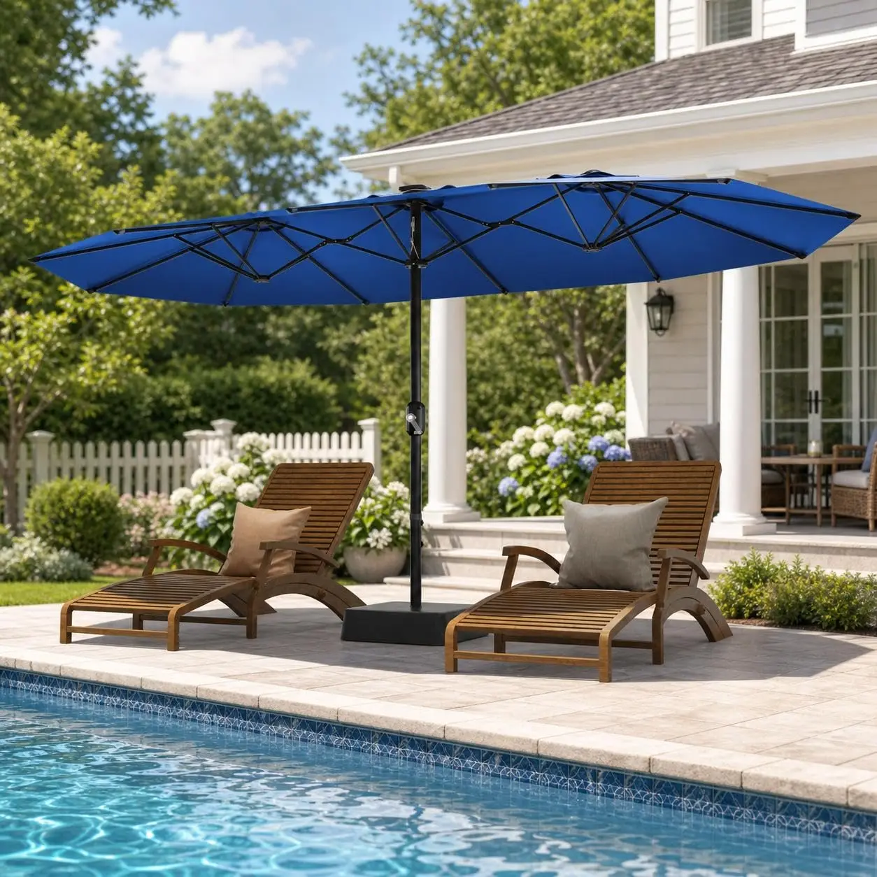 15ft Large Patio Umbrella with Base - Outdoor Double-Sided Market Umbrella with Smooth Crank Handle, Heavy Duty 12-Rib Table Umbrella for Pool, Deck & Garden, 15'l x 9'w x 7.8'h, Tan Canopy with Black Frame