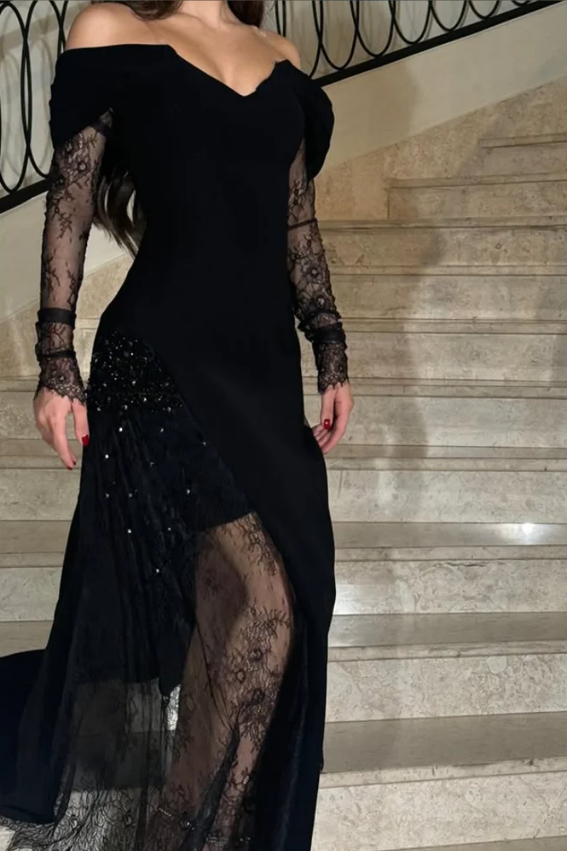 Jessica Black Lace Long-sleeved Shirt Evening Dresses Formal Occasions Prom Dresses Sexy Off-the-shoulder Party Dresses