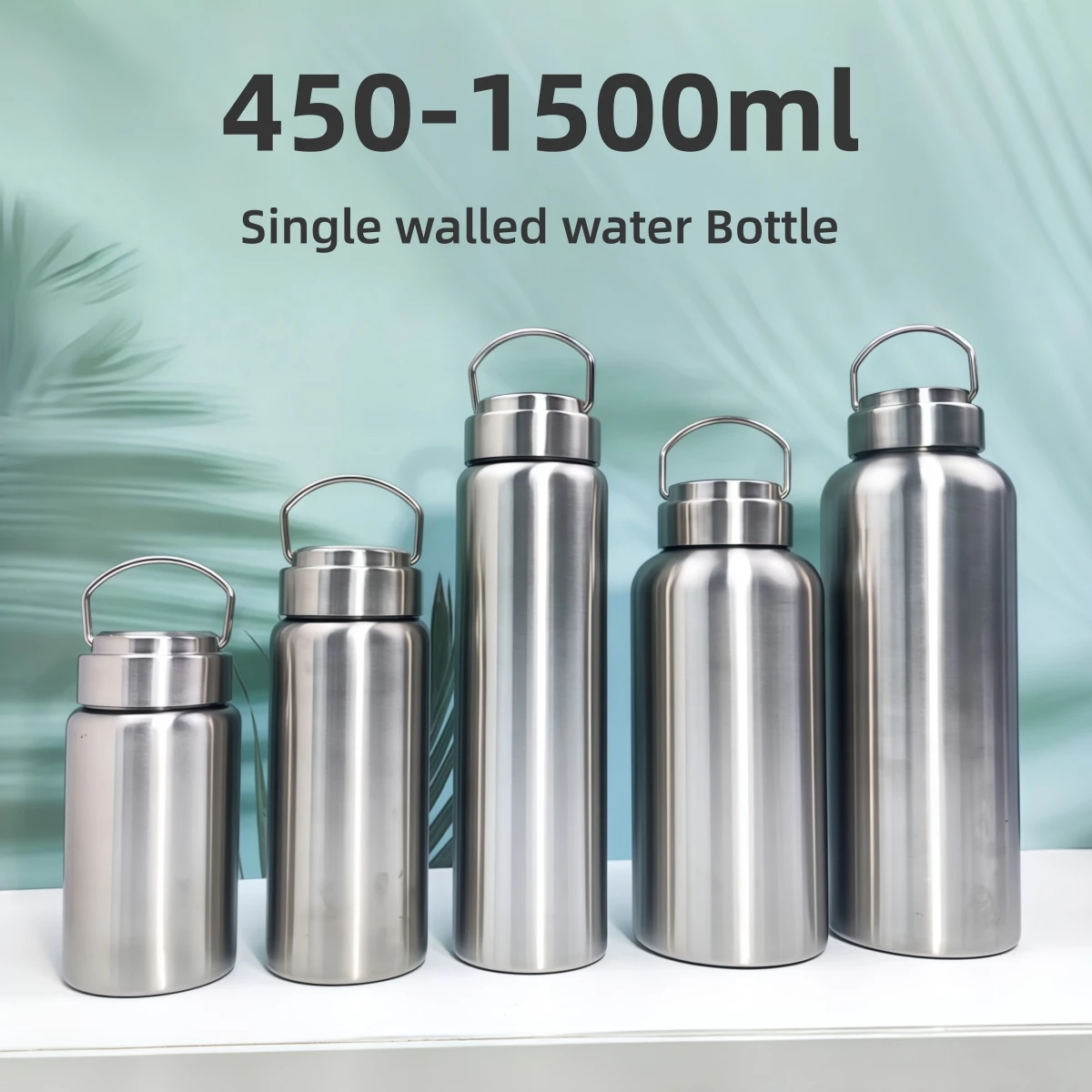 Bouteille d'eau en acier inoxydable de 450 à 1500ml, bouteille à paroi unique, grande capacité, flacons à grande bouche avec couvercle, verres de cyclisme, sport