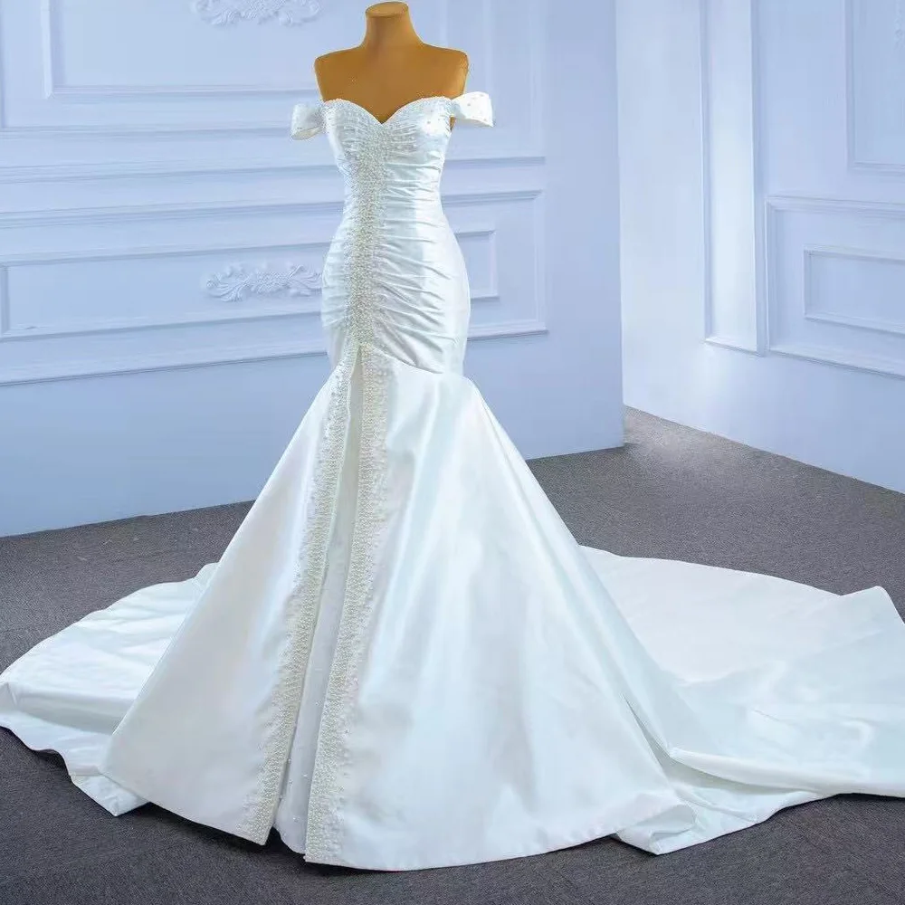 Robe Mariée Sweetheart Off Shoulder Lace Up Back Ruched Beading Crystal Pearls Wedding Dress