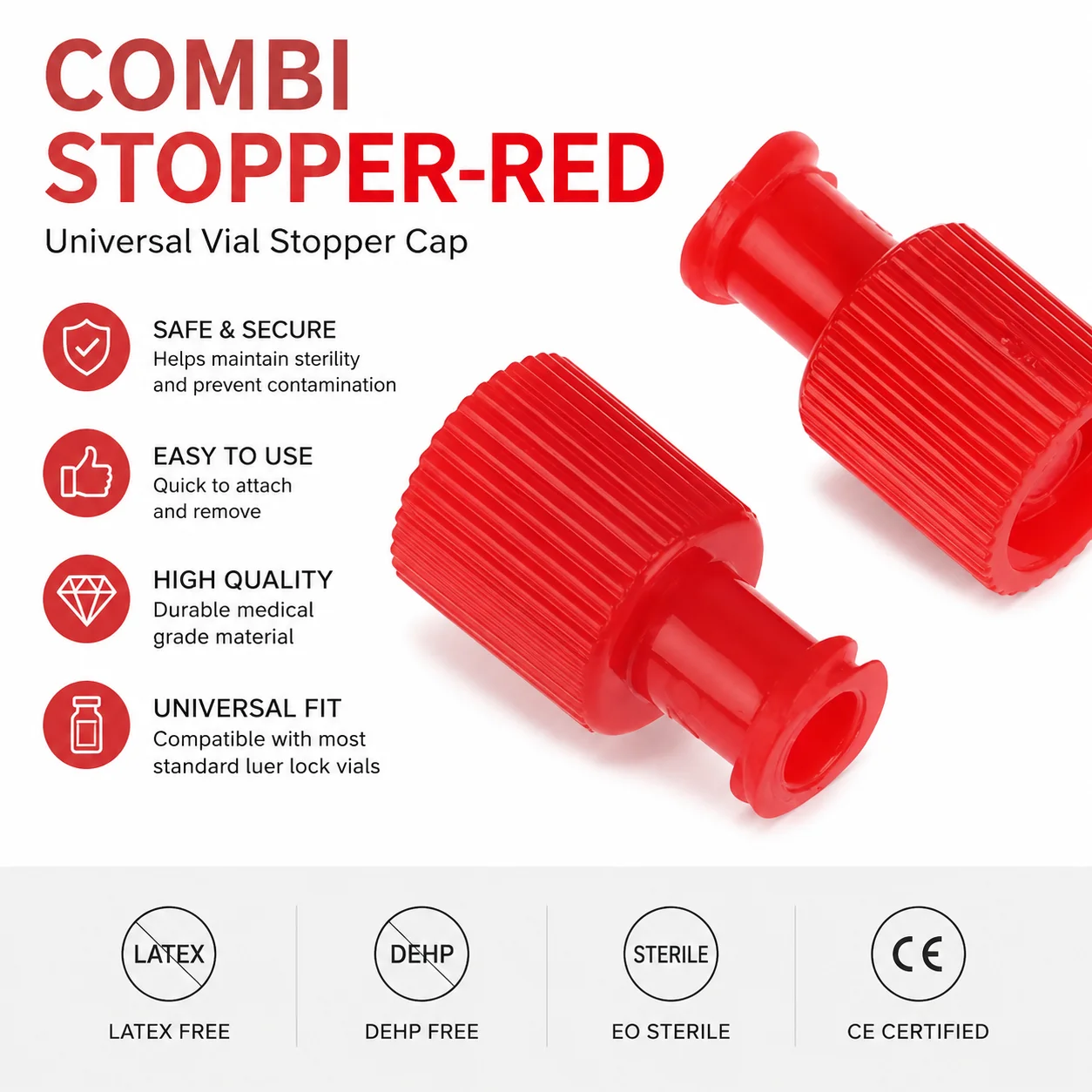Combi Stopper-Red Medical Vial Stopper Cap Universal Luer Lock Connector Injection Bottle Adapter Sterile Transfer Stopper