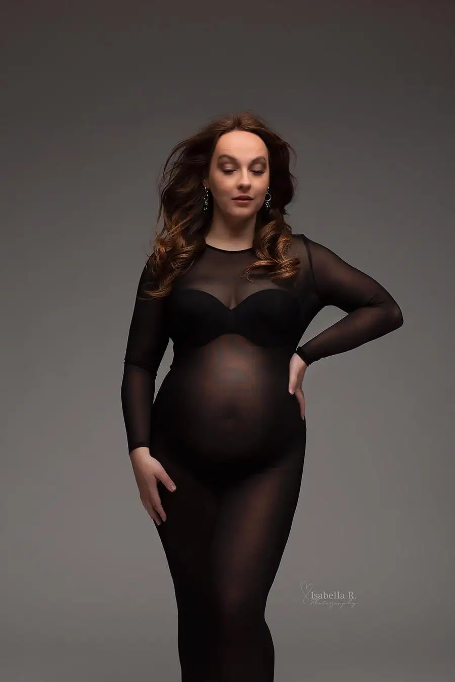 Black Tulle Bodysuit Pregnancy Dress Mesh Fabric Long Sleeve Stretch Women Maternity Outfit Slim Fit Style Skirt For Photo Shoot