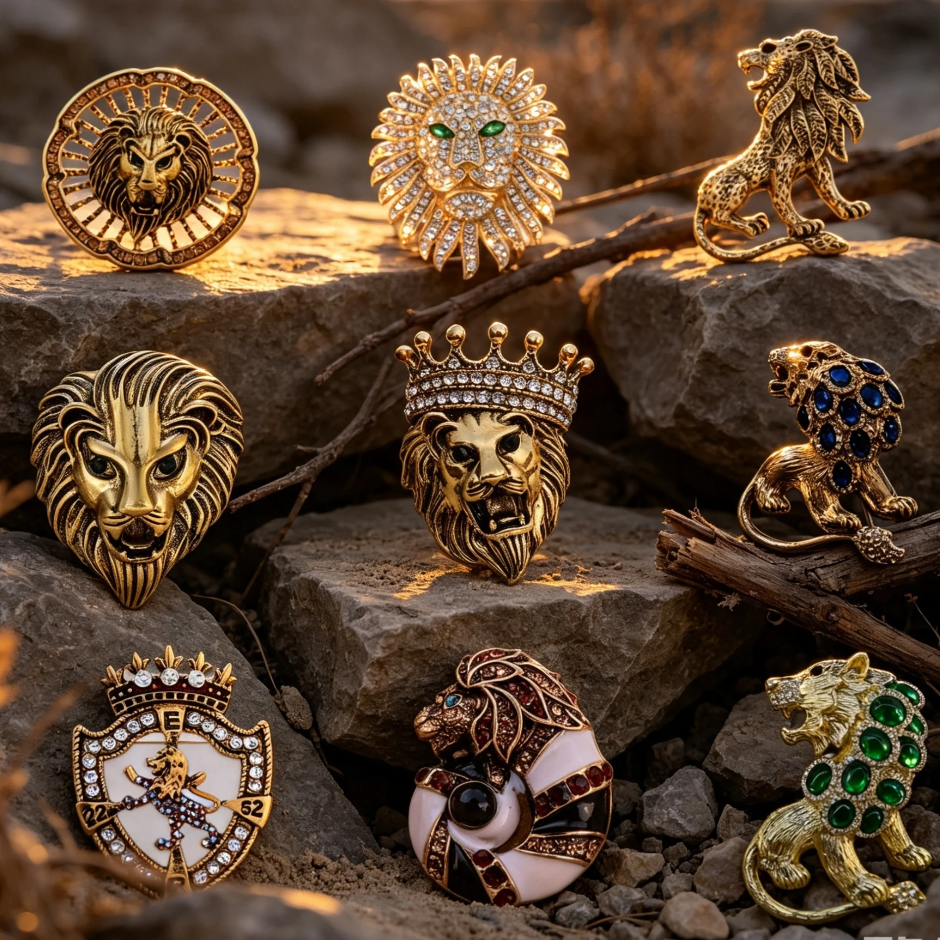 Essh&Pule Vintage Lion Statement Brooch Gold Tone Crystal Rhinestone Ornate Lapel Pin Elegant Women Coat Party Jewelry Gift