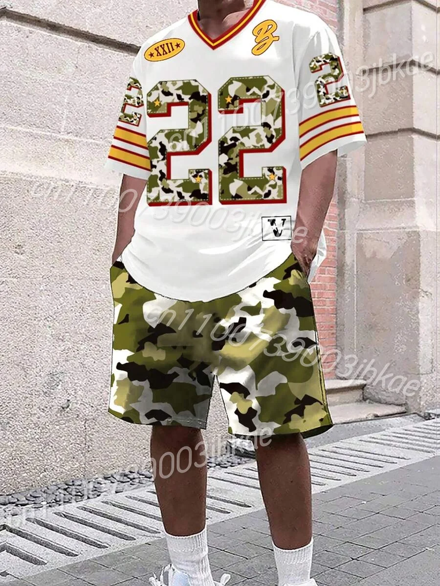 Men's CALIFORN NO.23 Short Sleeve T-Shirt & Shorts Set V-neck Gradient Short Sleeved Women's T-shirt Shorts Set