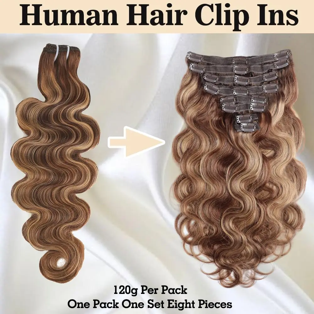 P4/27 Highlight Body Wave Clip In Human Hair Extensions 8-24 Inch 100% Remy Human Hair Clip In 8Pcs/Set Full Head For Women