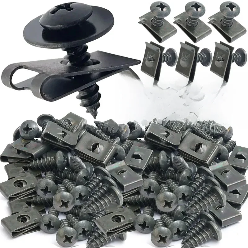 Jeu de Clips à vis métalliques pour voiture, 10/200 pièces, Clip de fixation de Type U avec vis antirouille, boucle de Protection de pare-chocs de garde-boue, vis en feuille de fer