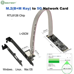 Iocrest 5gbase-t 1 porta 5000mbps m.2 b chave m para pcie 5gb cartão ethernet rtl8126 rj45 lan controlador cartão