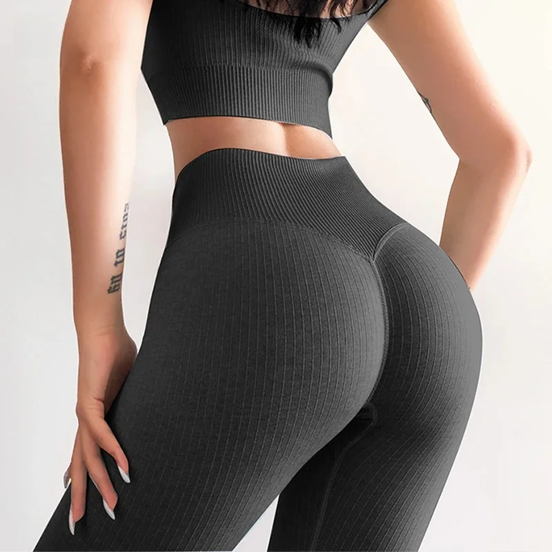 Prążkowane bezszwowe legginsy sportowe damskie wysokiej talii legginsy gimnastyczne kontrola brzucha spodnie jogi kobieta Booty Lift legginsy treningowe rajstopy — zdjęcie 2