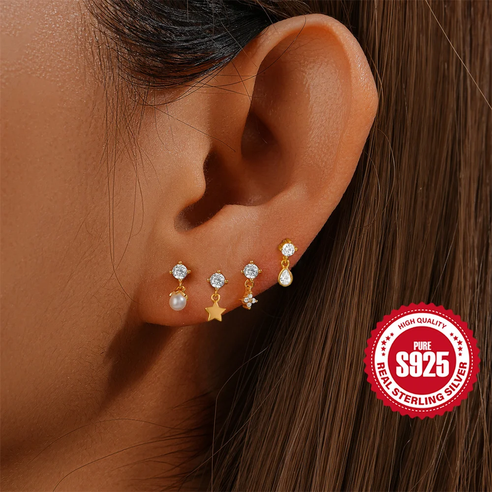 

CANNER 1PC 925 Silver Flower Shaped Five-pointed star Zircon Drop Earrings For Women 18K Gold Piercing Ins Gift Fine Jewelry