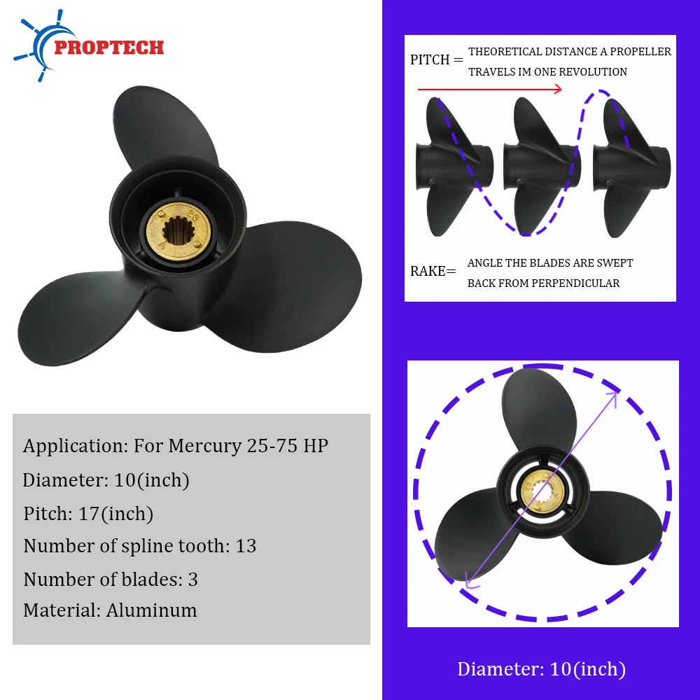 3-Blade Propeller for Mercury 25-70HP Motors Part 10 x 17 Aluminum Alloy Scew 48-73144A45 with 13 Spline boat accessories