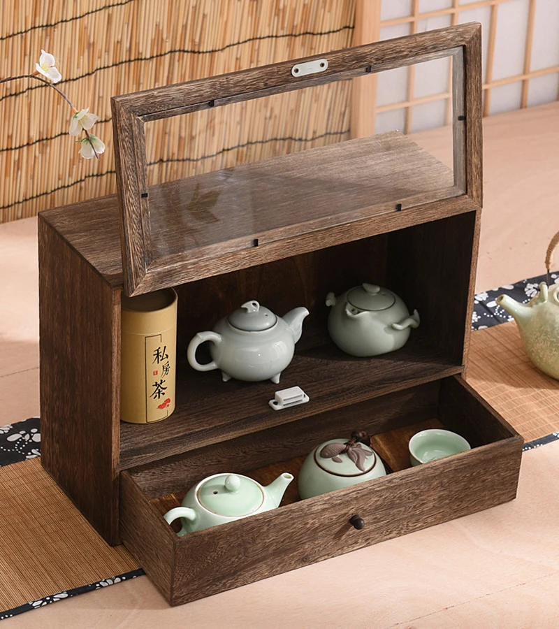 Solid wood dustproof glass teacup holder teapot display box teaware pet organizer tea display cabinet