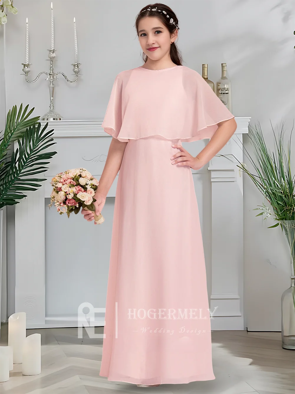 Luxuoso decote colher júnior vestido de dama de honra blush vestido da menina de flor até o chão chiffon festa de casamento vestido de soiree