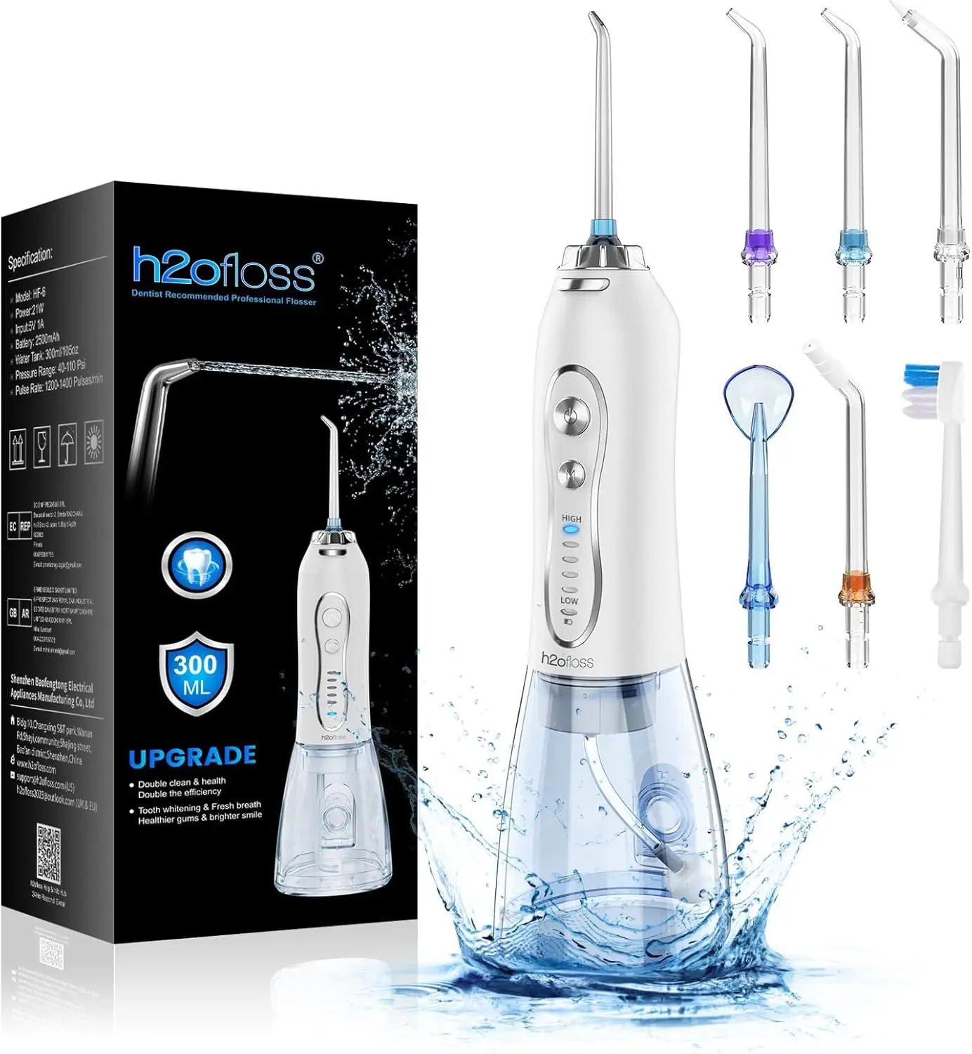 

h2ofloss Oral Irrigator Dental Water Jet Mouth Washing Machine Water Flosser Water Pick Rechargeable Portable for Home /Travel