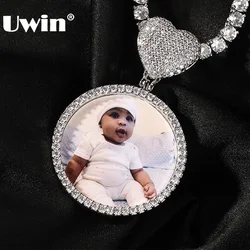 UWIN DIY Medallion Photo Pendant Necklace with Heart Bezel 3 cm diameter Picture Charms Iced Out CZ Fashion Jewelry for Gift