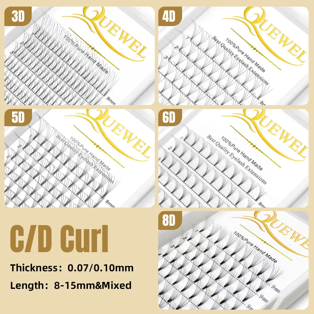 Quewel-Curto Stem Fluffy Lash Tray, 5 Bandejas, Premade Fans, Volume russo, Extensões de cílios, 3D, 4D, 5D, 6D