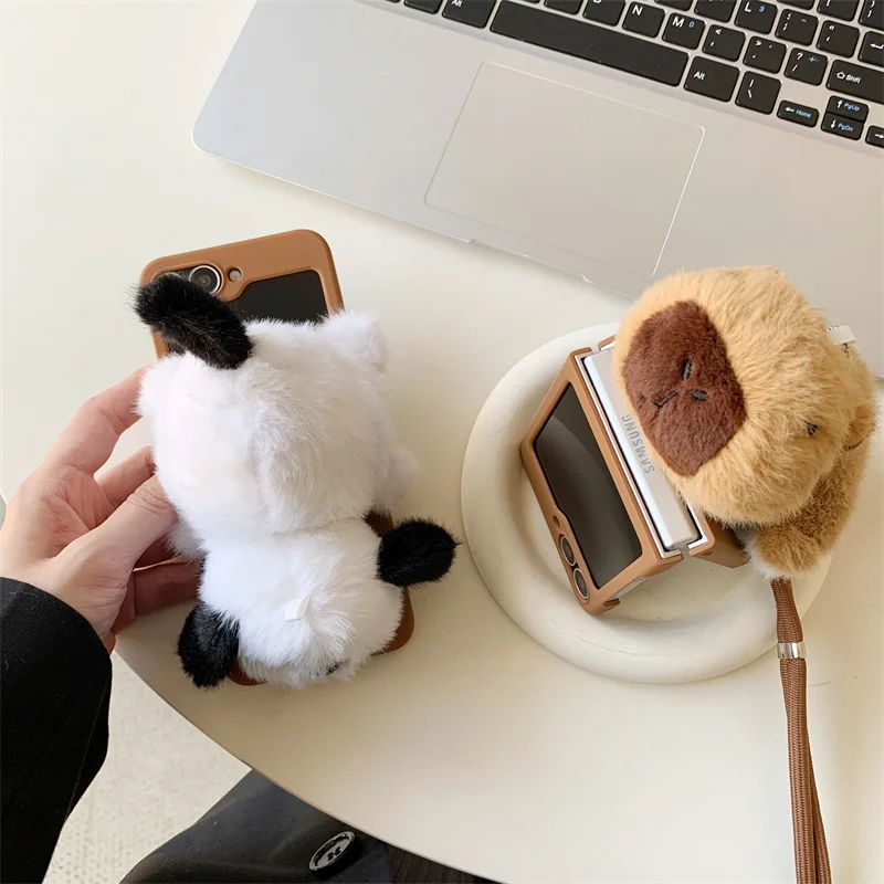 Cute Furry Little animal phone case for Samsung Galaxy zflip3 4 Z Flip5 flip6 5G Skin Feel folding crossbody cartoon Fluffy