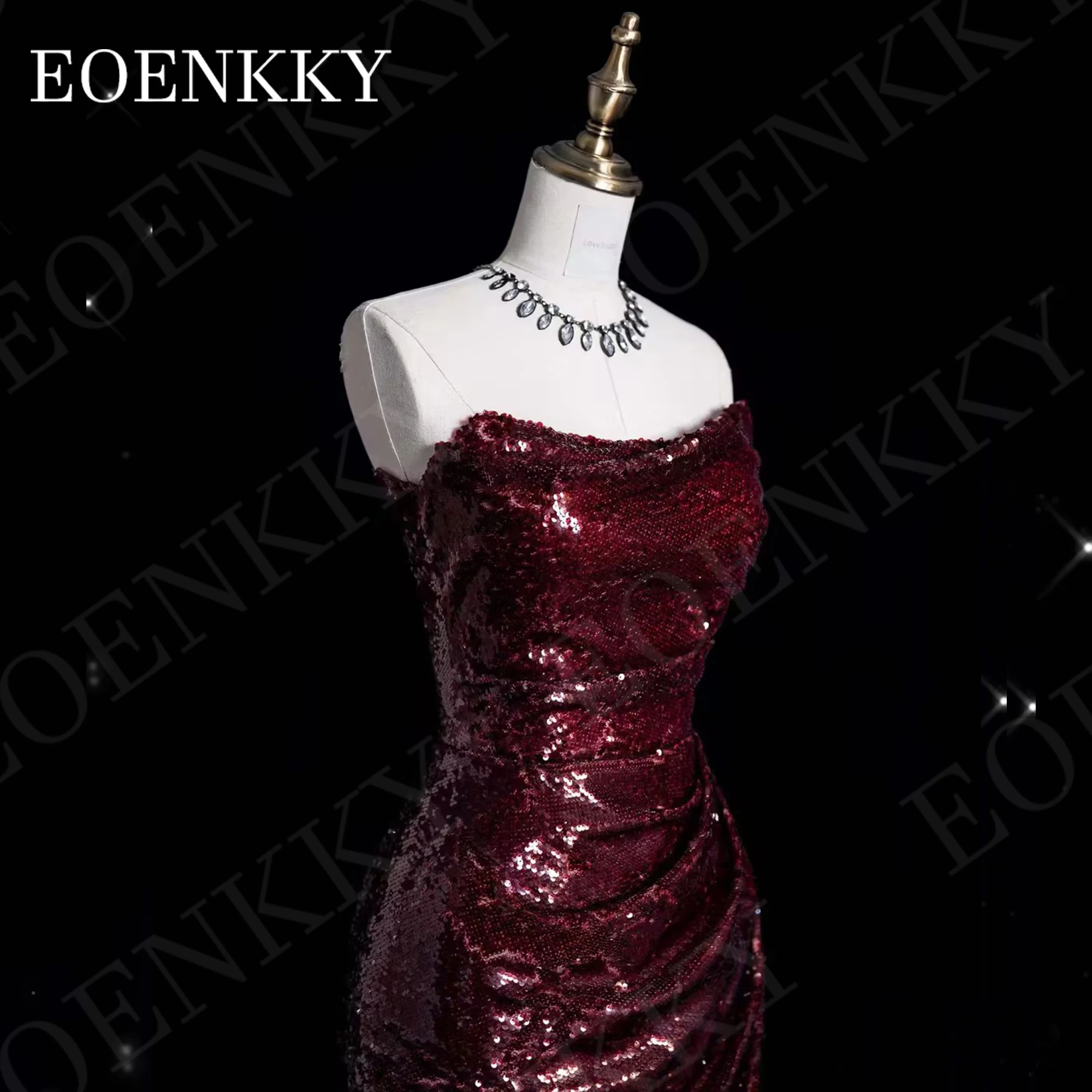 Burgundy Mermaid Evening Dresses 2024 Strapless robes de soirée Scoop Neck Sequin Slit Wedding Party Dress Floor Length Backless