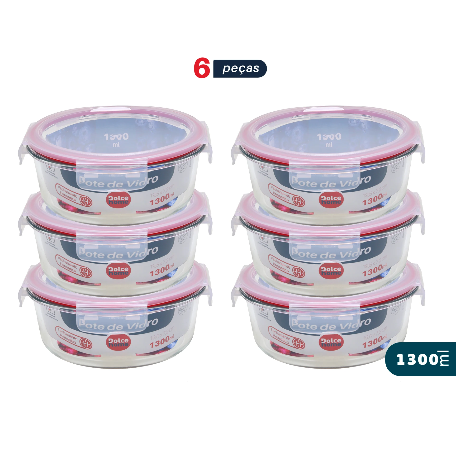 Pote Hermético De Vidro Kit C/ 6 Potes De 1300ml - C/ Trava