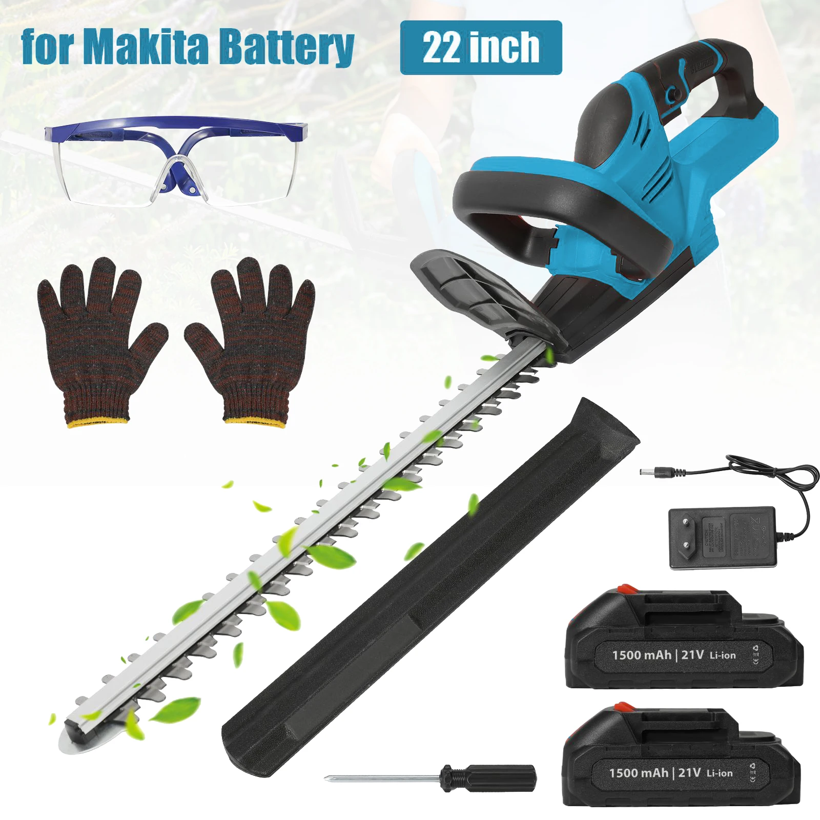 Cortasetos inalámbrico de 21 V, cortador de arbustos eléctrico con cuchilla de doble acción de 22 pulgadas y batería de 15000 mAh, para batería Makita de 21 V