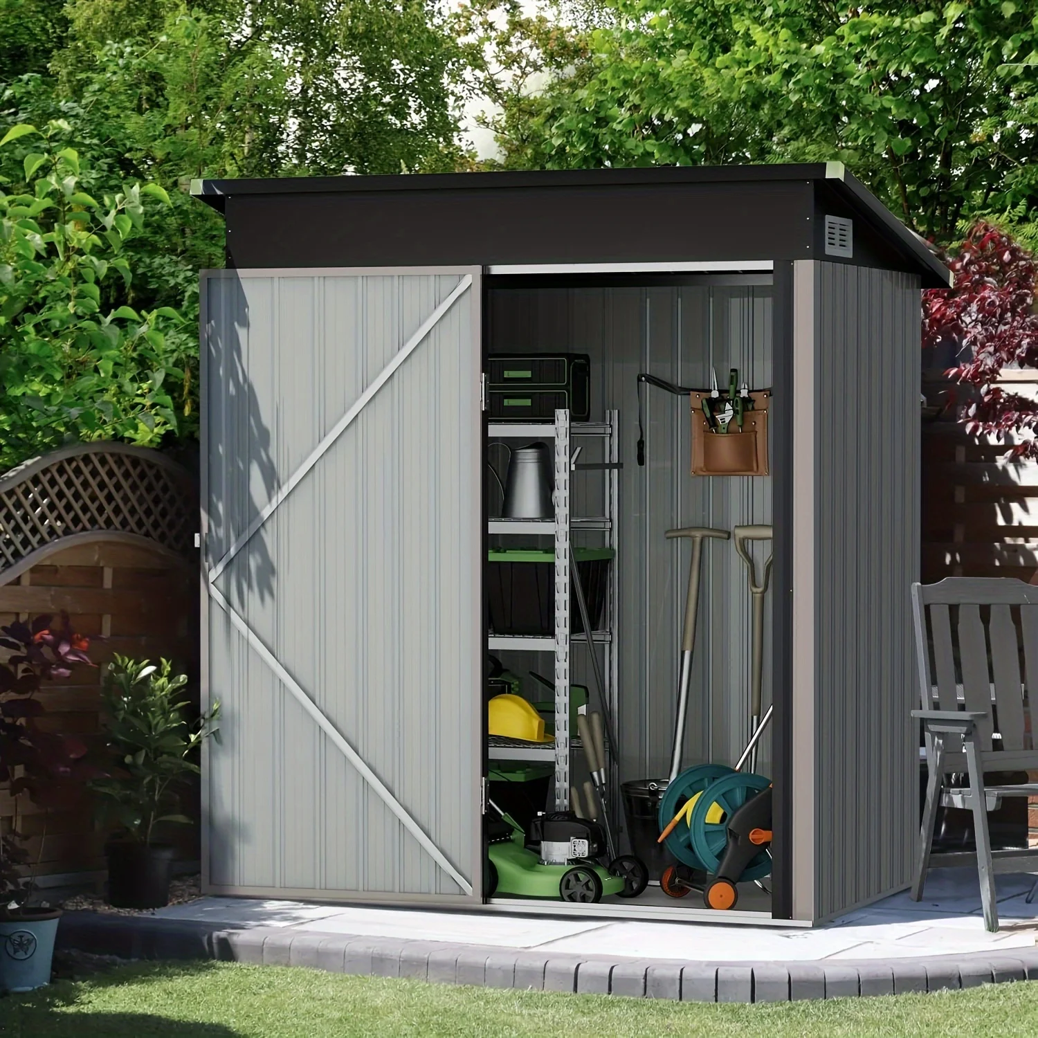 Set, Storage Shed 3.0'x4.9' Outdoor Metal Storage Shed, Galvanized Steel Shed With Air Vent And Hinged Door Utility Tool Storage