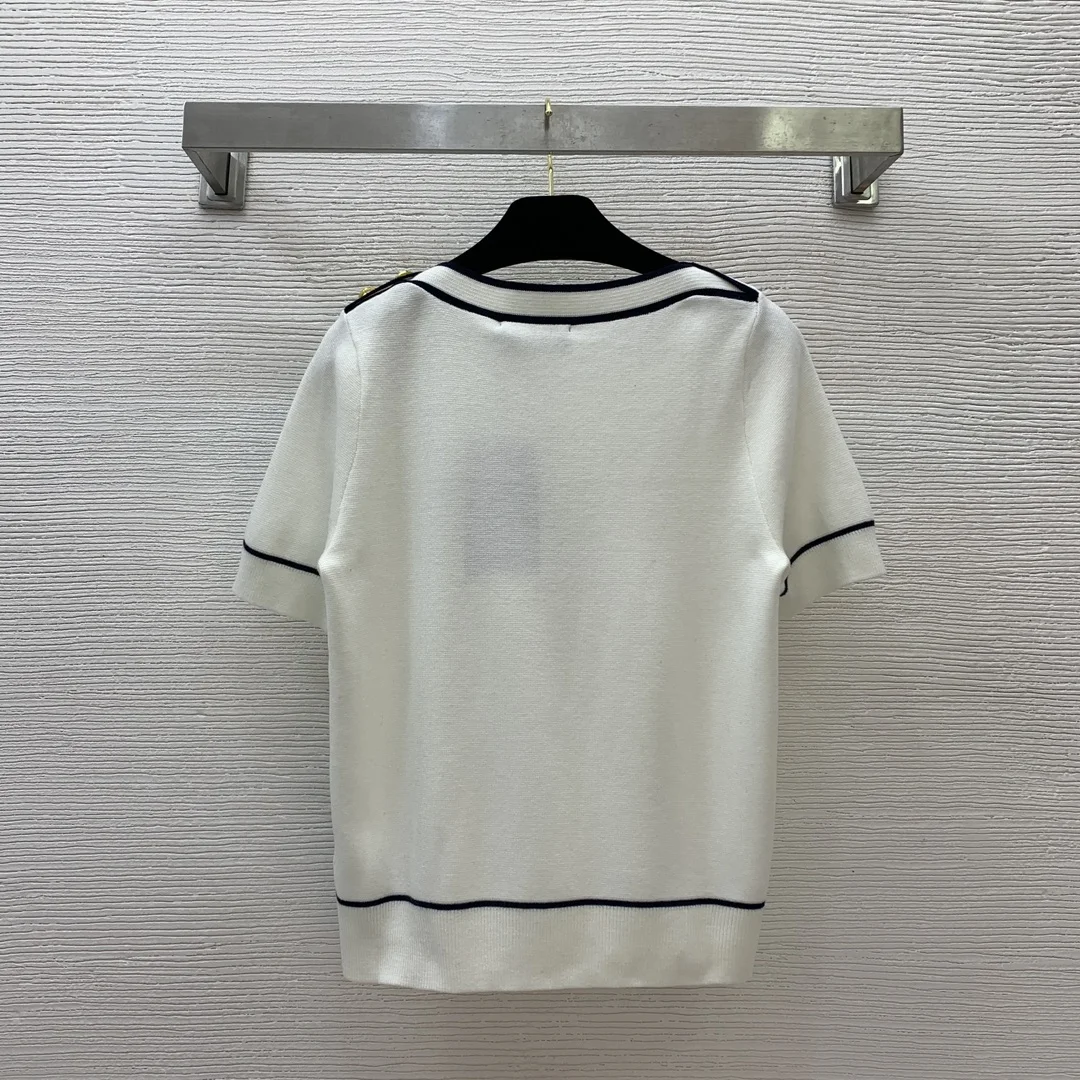 

2025 premium contrasting striped knitted sweater for women, simple short sleeved one neck pullover T-shirt top 31