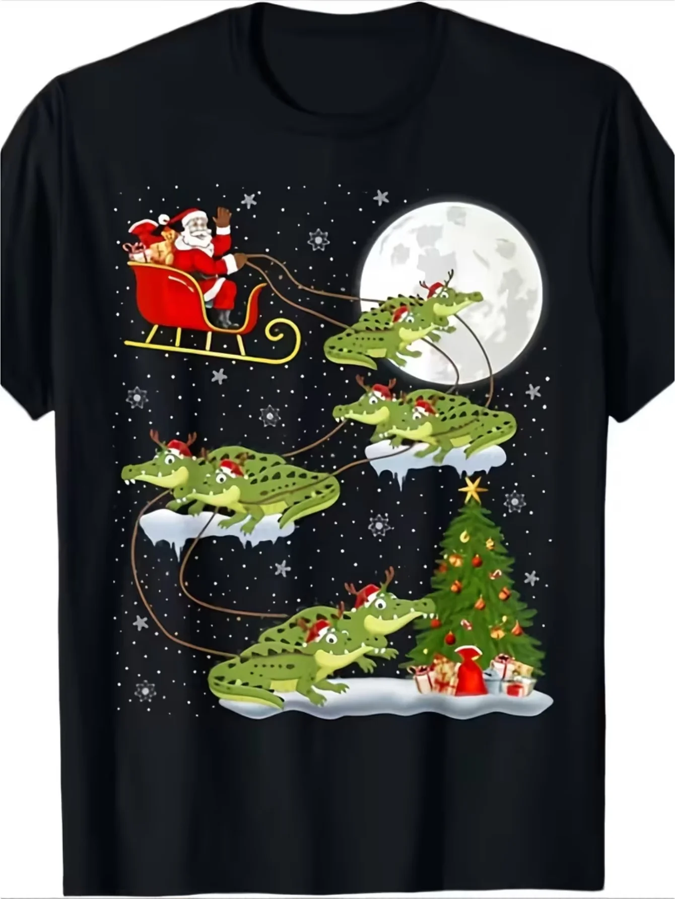 Plus Size Festive Santa & Crocodile Christmas T-Shirt - Soft Breathable Retro Graphic Tee with Santa Riding Crocodile & Reindeer Sleigh, Snowy Tree & Stars Print - Unisex Casual Fit Short Sleeve Round Neck Holiday Party Outfit