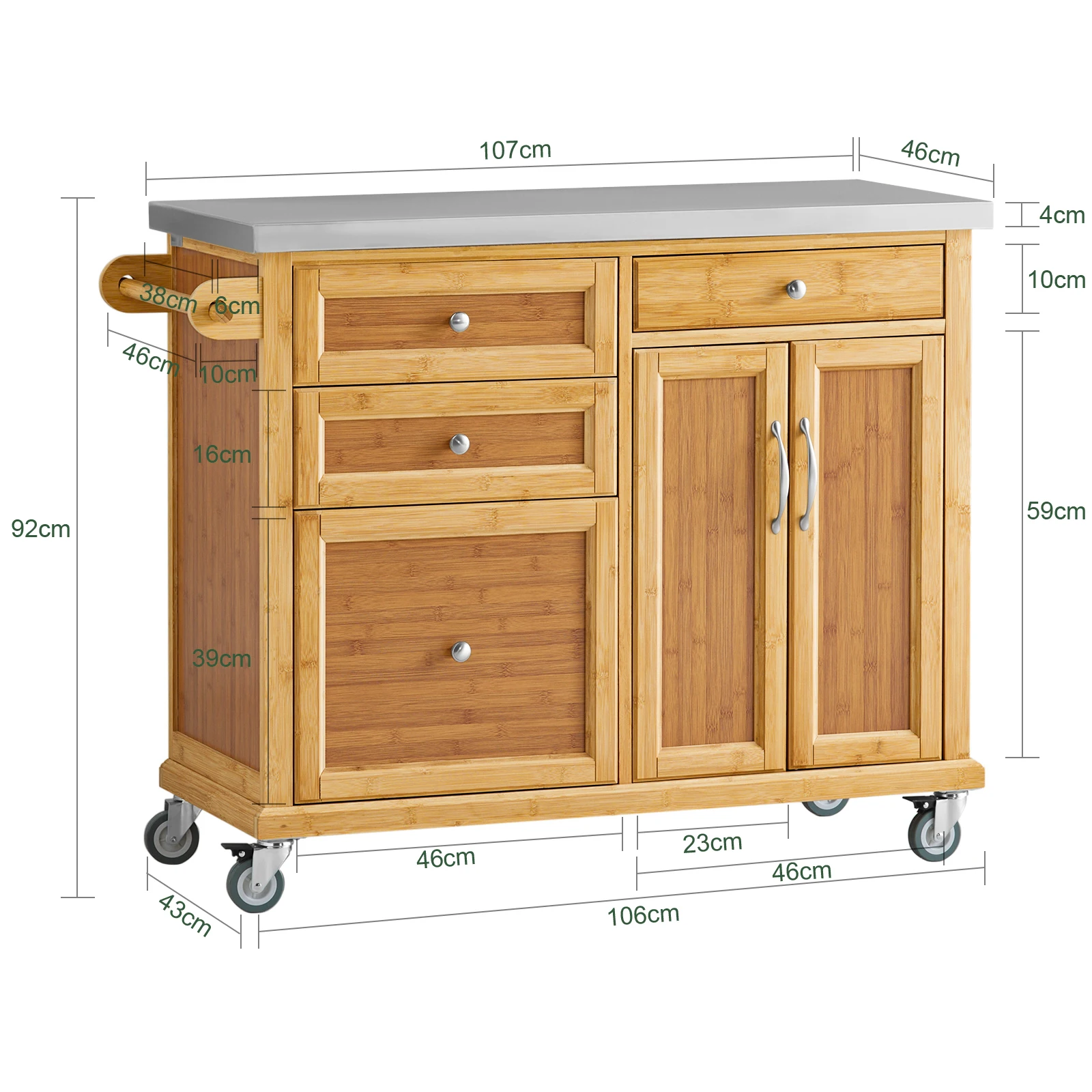 SoBuy FKW70-N Kücheninsel auf Rollen mit Edelstahl-Arbeitsplatte und Schubladen, Barwagen Natur 115x92x46cm – Detail 4