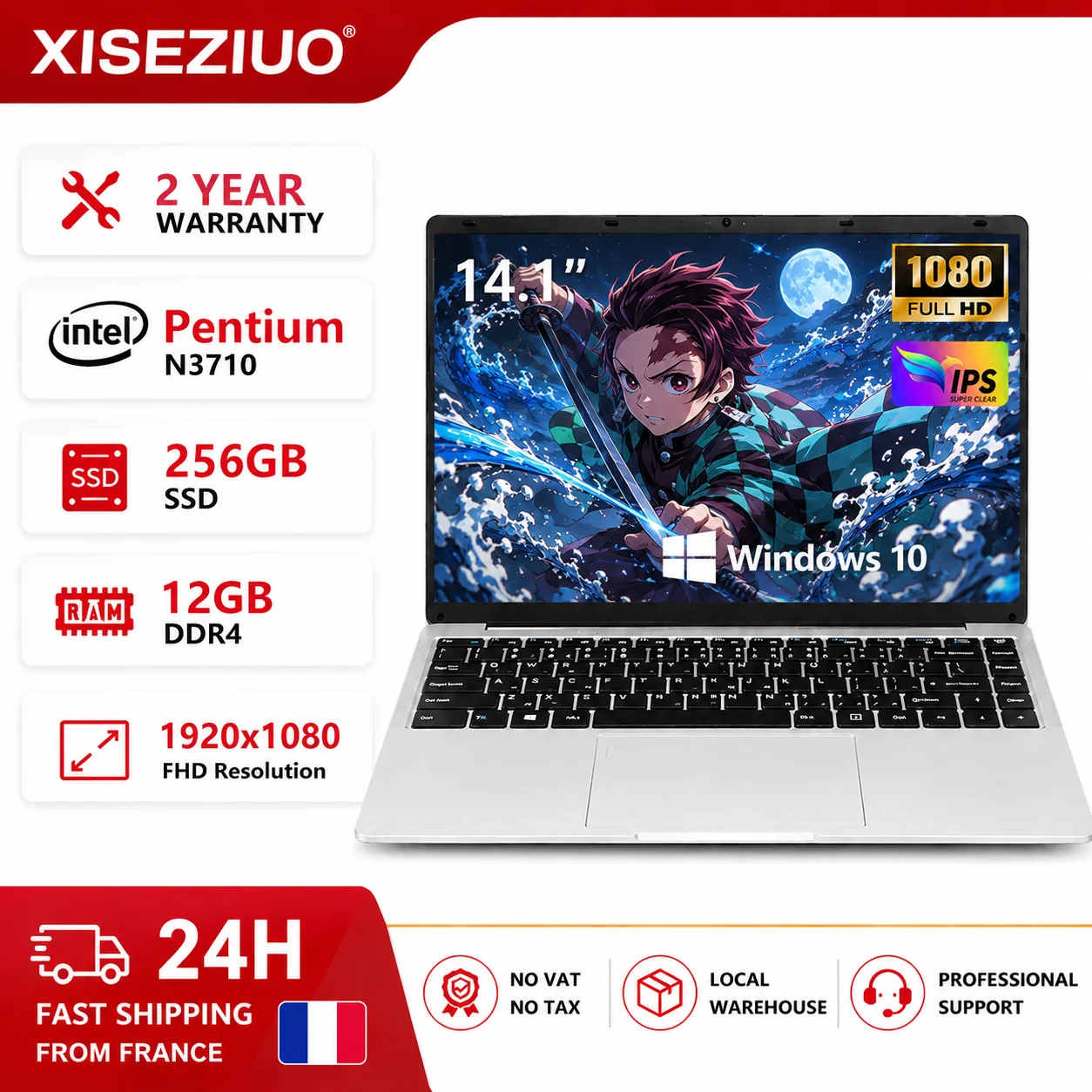 Portátil de 14.1 Pulgadas con Pantalla FHD IPS, Procesador Intel Pentium N3710, 12 GB de RAM, 256 GB de SSD, Ordenador Portátil con Windows 10, PC Portátil para Estudiantes, Aprendizaje en Línea, Trabajo de Oficina, Portátil Ligero, Entrega desde Almacén en Francia, Libre de Impuestos