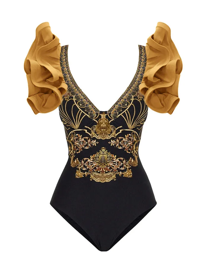 Black Gold Fashion Print Floral Swimsuit Set 2022 Luxury Shorts Bourkini Monokini With Cover Up Sexy Swimwear Girls Patchwork