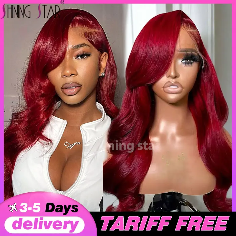 

99J Burgundy 13X6 Lace Front Human Hair 180 Density Body Wave 13X4 34 Inch Red Colored Curly Lace Frontal Wigs For Black Women