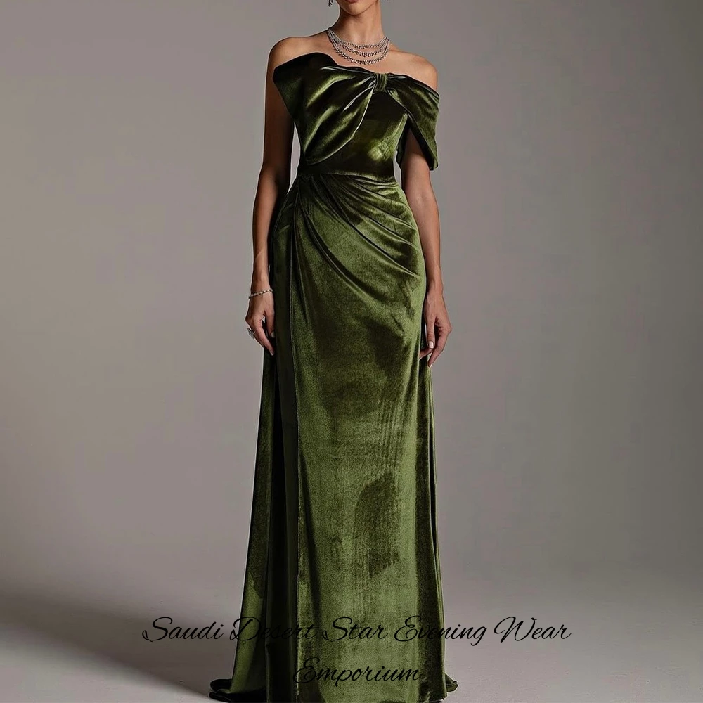 customizedCustomized Green Velvet Bow One Shoulder Evening Dresses Exquisite A-Line Sweep Train Short Sleeves Party Gown Saudi