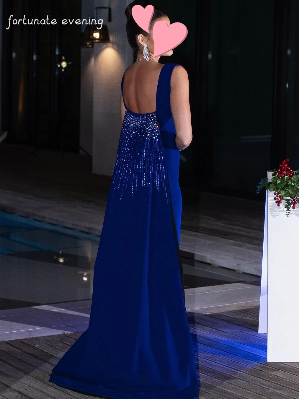 Fortunate Evening Elegant Vintage Sexy Royal Blue Beading Shiny Backless Formal Occasion Prom Dress Evening Party Gowns